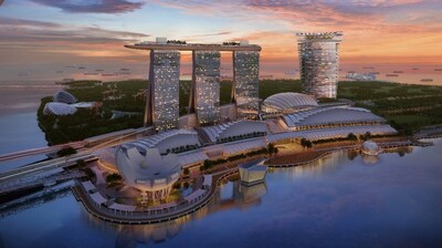 拉斯維加斯金沙集團全新超豪華項目的濱海景觀效果圖，展示了一座55層高的酒店塔樓及其附屬建築，包括一個可容納15,000人的多功能場館，緊鄰現有的濱海灣金沙綜合度假勝地。圖片由 薩夫迪建築事務所 (Safdie Architects)提供。