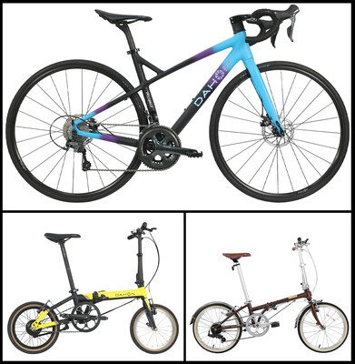 The range of products featuring'V Tech': 700C Wheel Road Bike (Top), K-Feather E-bike (Bottom Left), BOARDWALK D7 (Bottom Right)