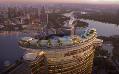 效果圖：從空中俯瞰革命性設計的 Skyloop，突顯其雙翼結構的獨特造型。圖片由 薩夫迪建築事務所 (Safdie Architects)提供。