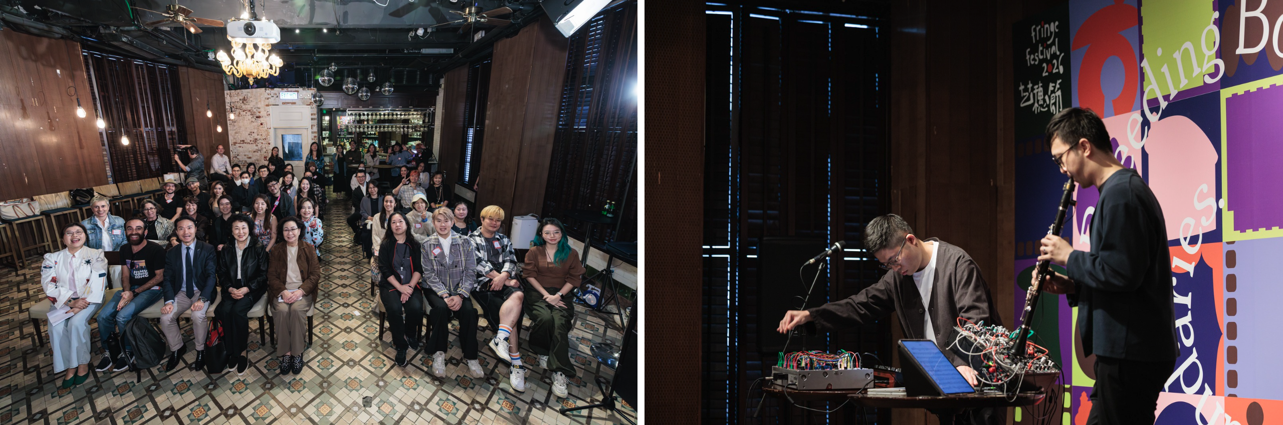 左至右：《藝穗節2026》開幕合照、開幕表演者 Chris Cheung 及 Linus Fung