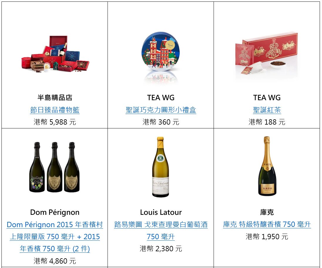 從聖誕節限定美妝香水禮盒、精選美酒及香檳、潮流電子玩意、美食禮盒等一系列精選節日禮品中挑選，為您及親朋送上最窩心的節日心意