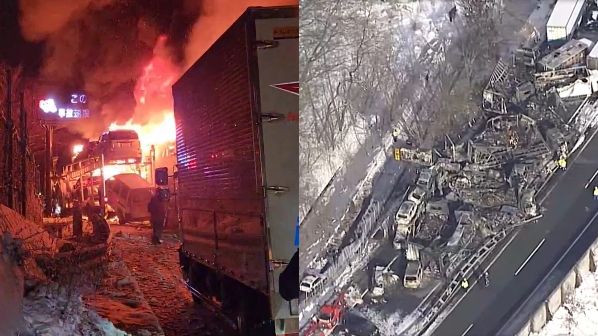 ▲雪夜煉獄!日本關越道爆「67車連環撞」20車成火球 釀2死26傷(圖/翻攝自X、YouTube/テレ東BIZ ダイジェスト)