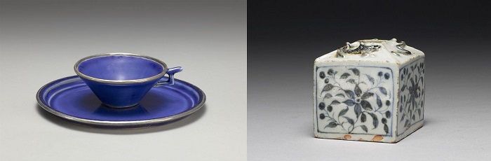 左圖:〈霽青描金單把杯、托〉,釉色深邃如藍寶石,造型為蒙古所特有,紋飾則融合中原與伊斯蘭藝術風格。 右圖:〈青花花卉紋蟠螭方罐〉的折枝花葉,筆意迅疾,灑脫不羈,是元青花的特色。 (圖:故宮南院提供)