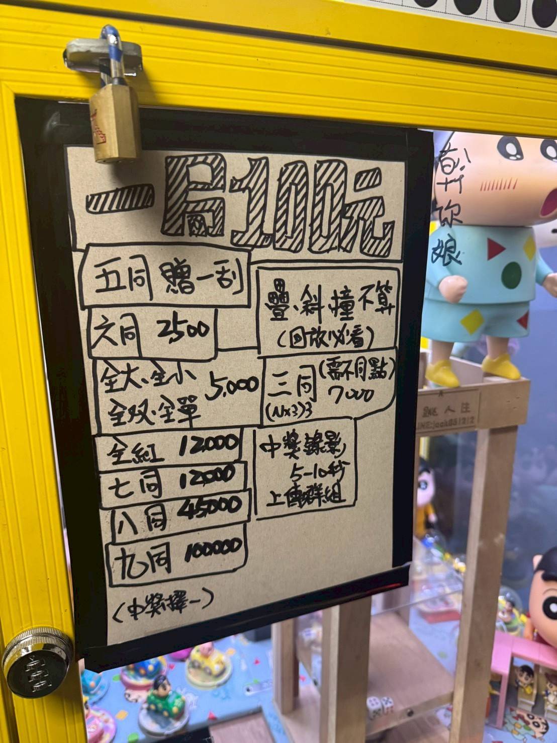 董男在娃娃機台上載明賠率，現場不設服務人員，客人進門後自行操作機台，若贏錢則拍照上傳群組。