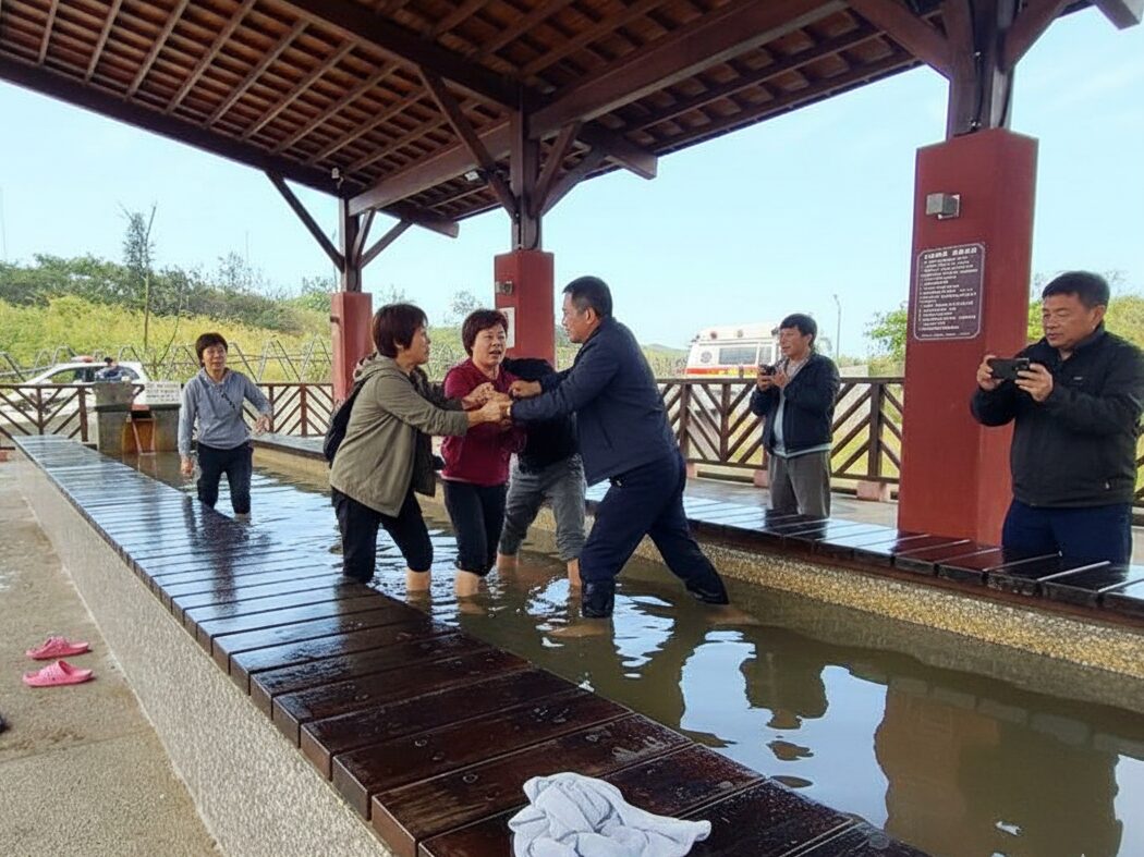 2對夫妻在公共泡腳池旁，疑因位子分配及水質衛生問題爆發口角，最終演變成2男2女在池邊扭打拉扯的混亂場面。