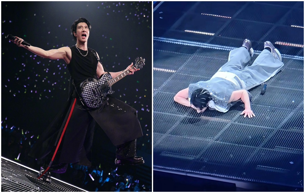 王力宏的項鍊卡在舞台地板縫隙，一度無法起身。（圖／翻攝微博）