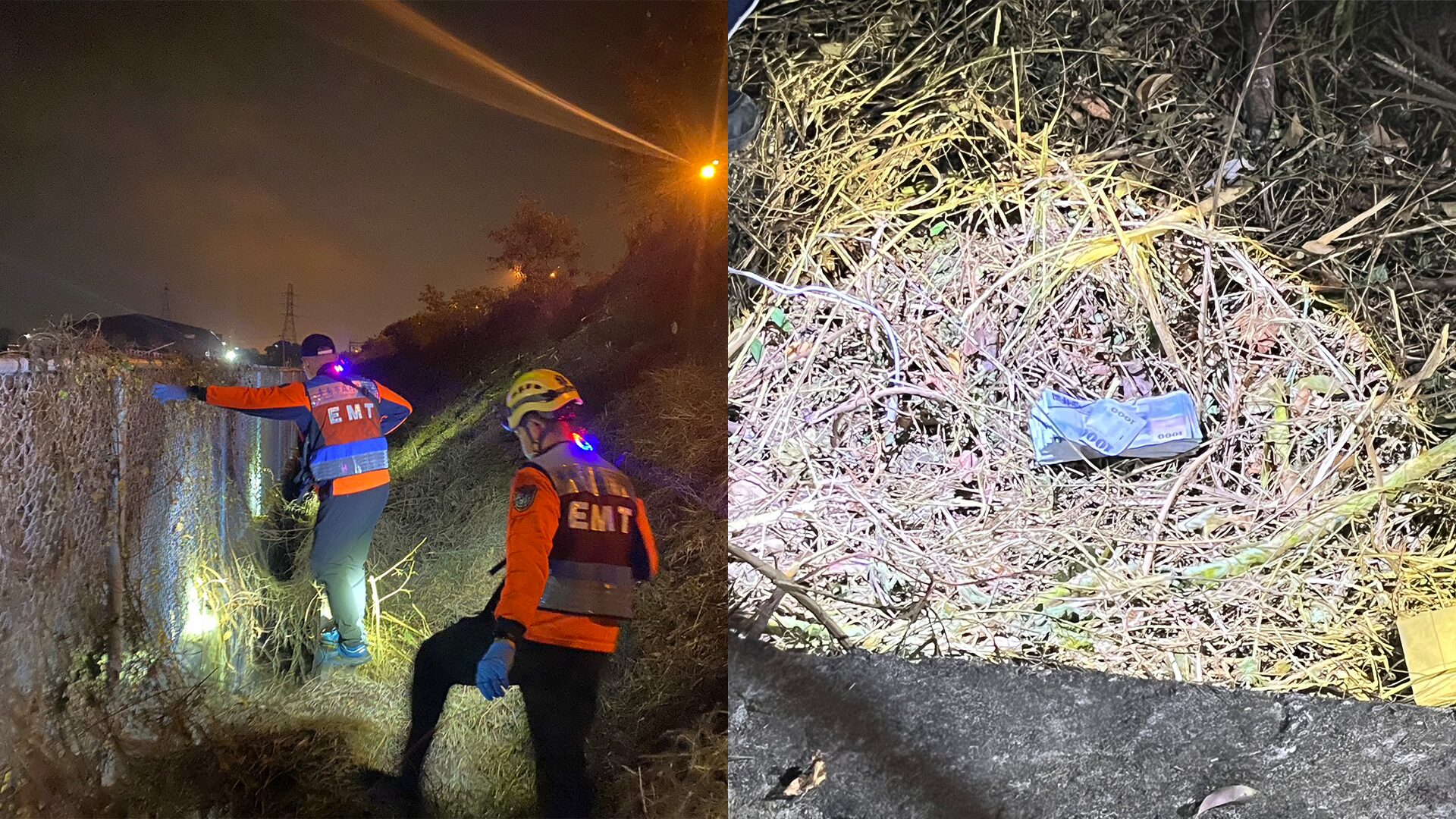 ▲國1深夜驚悚追逐！駕駛急停路肩「跳邊坡消失」 5男持球棒狂追…草叢竟掉出兩疊千元鈔（圖／記者王俊勝 翻攝、民眾提供）