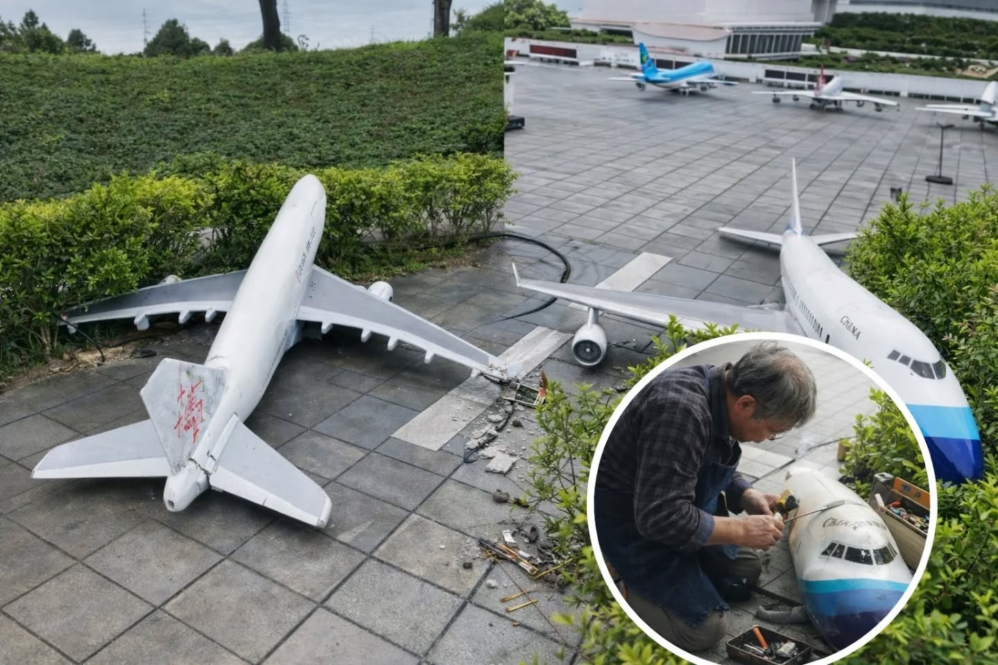 ▲又被毀了！小人國迷你世界「動態飛機」機翼破碎 園方發文：盼溫柔對待世界（圖／翻攝自臉書／小人國）