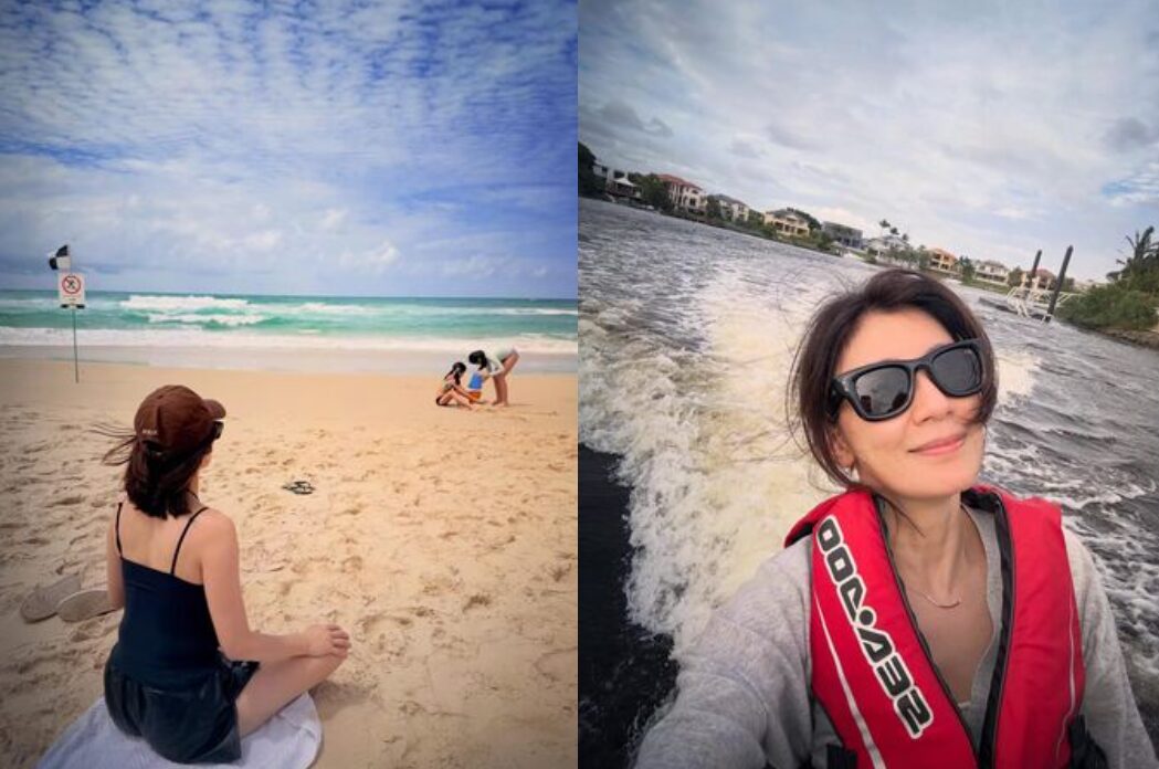 賈靜雯帶著家人到海邊度過悠閒時光。（圖／翻攝賈靜雯臉書）