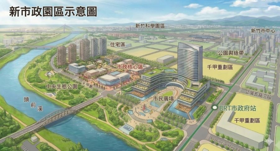 國民黨新竹市長參選人何志勇提出 「市區減壓」將設立新竹副都心:建立新市政園區，保留現在新竹市政府(原新竹州廳)作為新竹重要百年文化資產-新竹市新市政園區示意圖。（圖/何志勇競選總部）