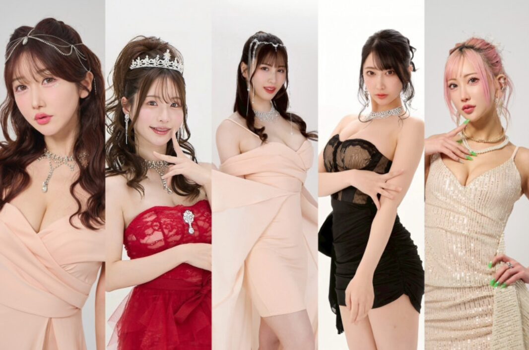 大槻響（左起）、天使萌、南條彩、夏目響、AIKA等，近40位女優來台參與盛會。（ADULTOPIA大人國提供）