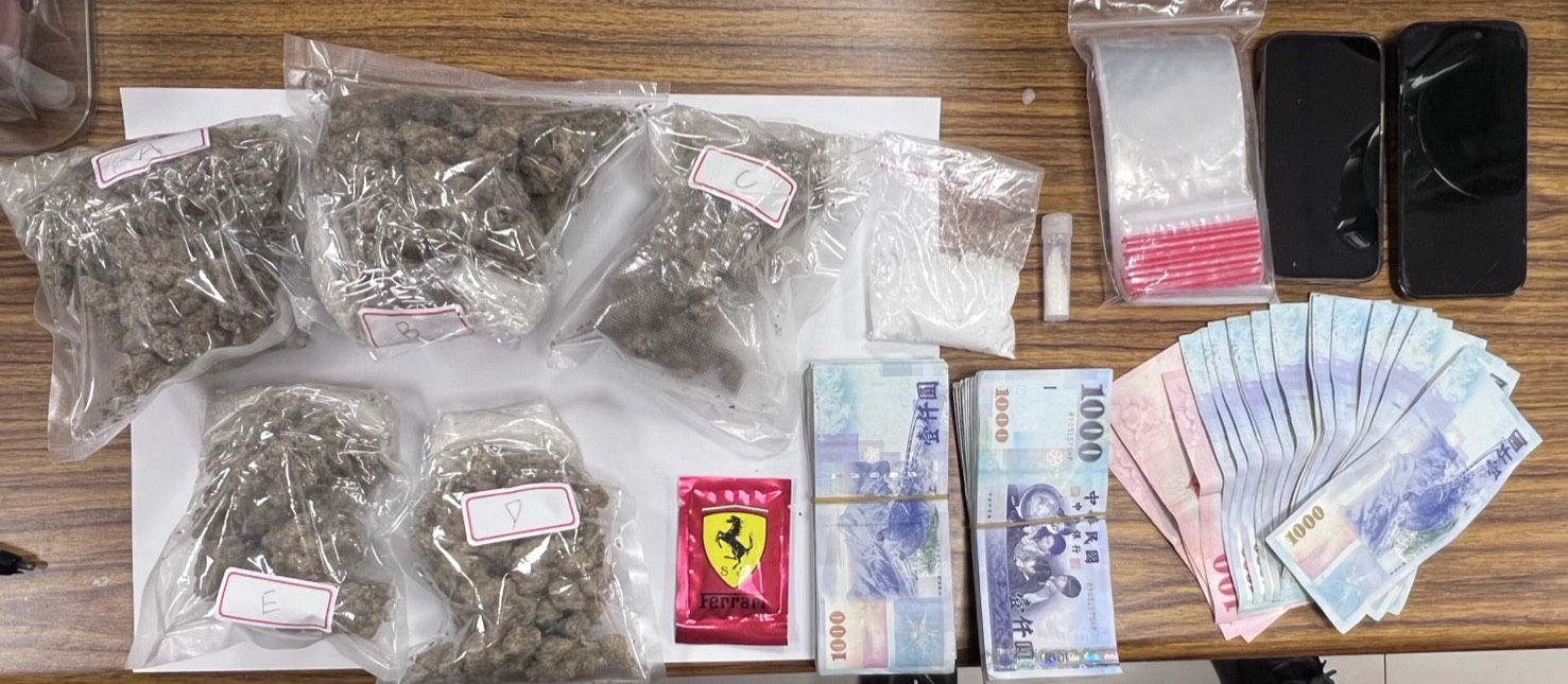 查獲第二級毒品安非他命咖啡包、大麻，以及第三級毒品K他命等多項毒品及疑似販毒所得的現金新台幣20萬元。