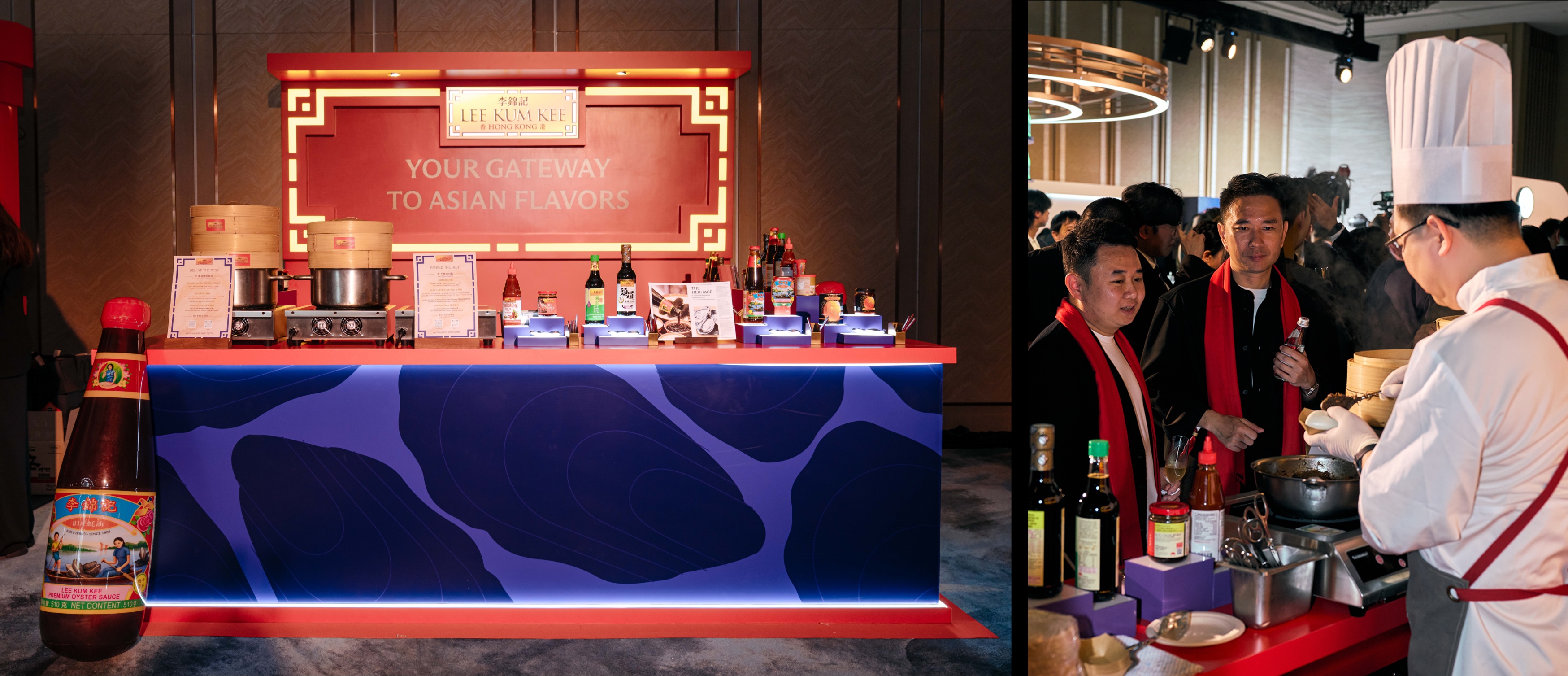 賓客於李錦記展位品嚐創意小食，包括牛頰肉刈包及賽螃蟹鮮蝦餃，交流烹飪心得。