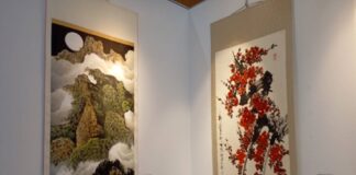劉玉美水墨創作個展在葫蘆墩文化中心，作品展現磅礴氣勢蘊涵著意境深遠。(圖/記者林均和攝)