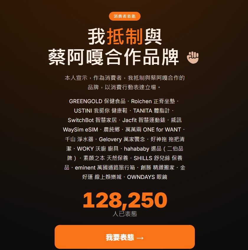 蔡阿嘎合作的20多家品牌被點名，已超過12萬名網友表態抵制。