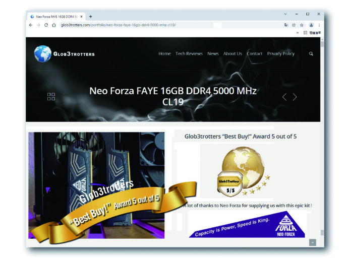 凌航科技電競品牌Neo Forza 產品FAYE 16GB DDR4 5000 MHz CL19獲得歐洲科技媒體Glob3trotter 最高5星評等(highest 5star award)認證。(截自Glob3trotter官網/圖:凌航科技提供)