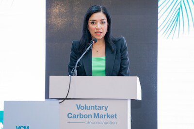 Riham ElGizy, CEO RVCMC addresses partners and buyers at world's largest carbon credit auction event in Nairobi, Kenya Riham ElGizy, CEO RVCMC addresses partners and buyers at world's largest carbon credit auction event in Nairobi, Kenya