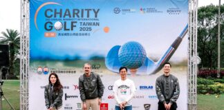 ▲第三屆萬豪國際台灣慈善高球開幕，由大溪高爾夫俱樂部所屬笠復集團執行長童淑芬（左一）、萬豪國際集團台灣市場總經理哲仁廷 Bastien Giannetti（左二）、中華民國唐氏症基金會董事長林正俠（右二）、主辦單位萬豪國際台灣商務委員會主席王膺傑（右一）共同進行開幕擊球儀式。（圖/ 大溪笠復威斯汀提供。）