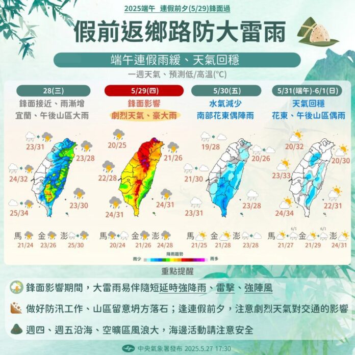 連假前夕鋒面通過，周四防劇烈天氣，端午連假天氣回穩。圖／報天氣 - 中央氣象署臉書