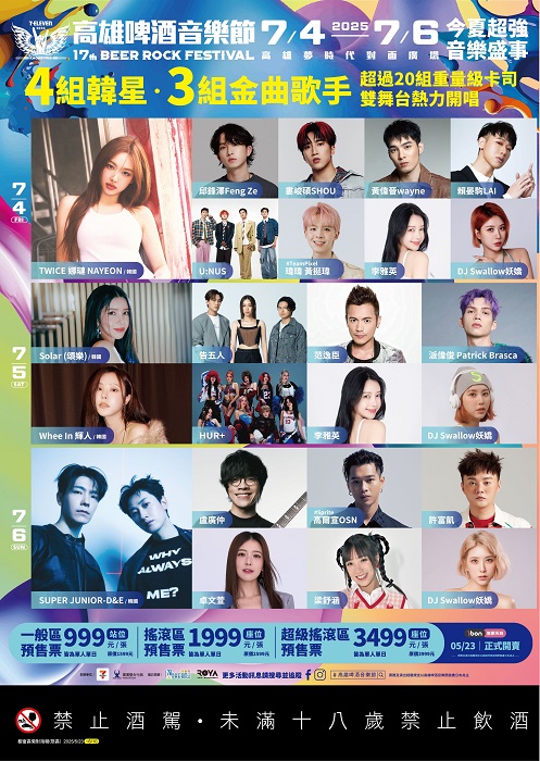 今年「2025高雄啤酒音樂節」卡司包含MAMAMOO輝人(Wheein)、頌樂(Solar)、TWICE成員娜璉(NAYEON)、以及SUPER JUNIOR-D&E等3組K-pop韓星,還有告五人、盧廣仲、范逸臣等3組金曲實力派歌手、超過20組重量級藝人輪番上陣,共同創造南台灣夏日最強的音樂饗宴。