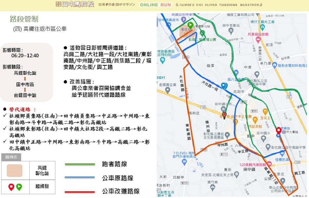 2023台灣米倉田中馬拉松替代道路指引　活動管制範圍涵蓋田中、社頭及二水3鄉鎮。（圖／田中分局提供）